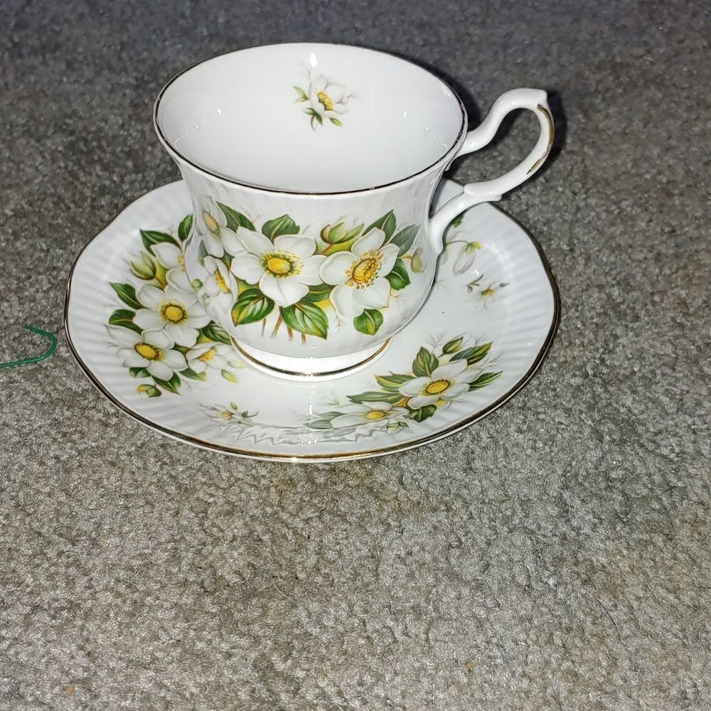 VINTAGE Royal Dover Bone China Teacup & Saucer Dogwoods w Gold Trim England